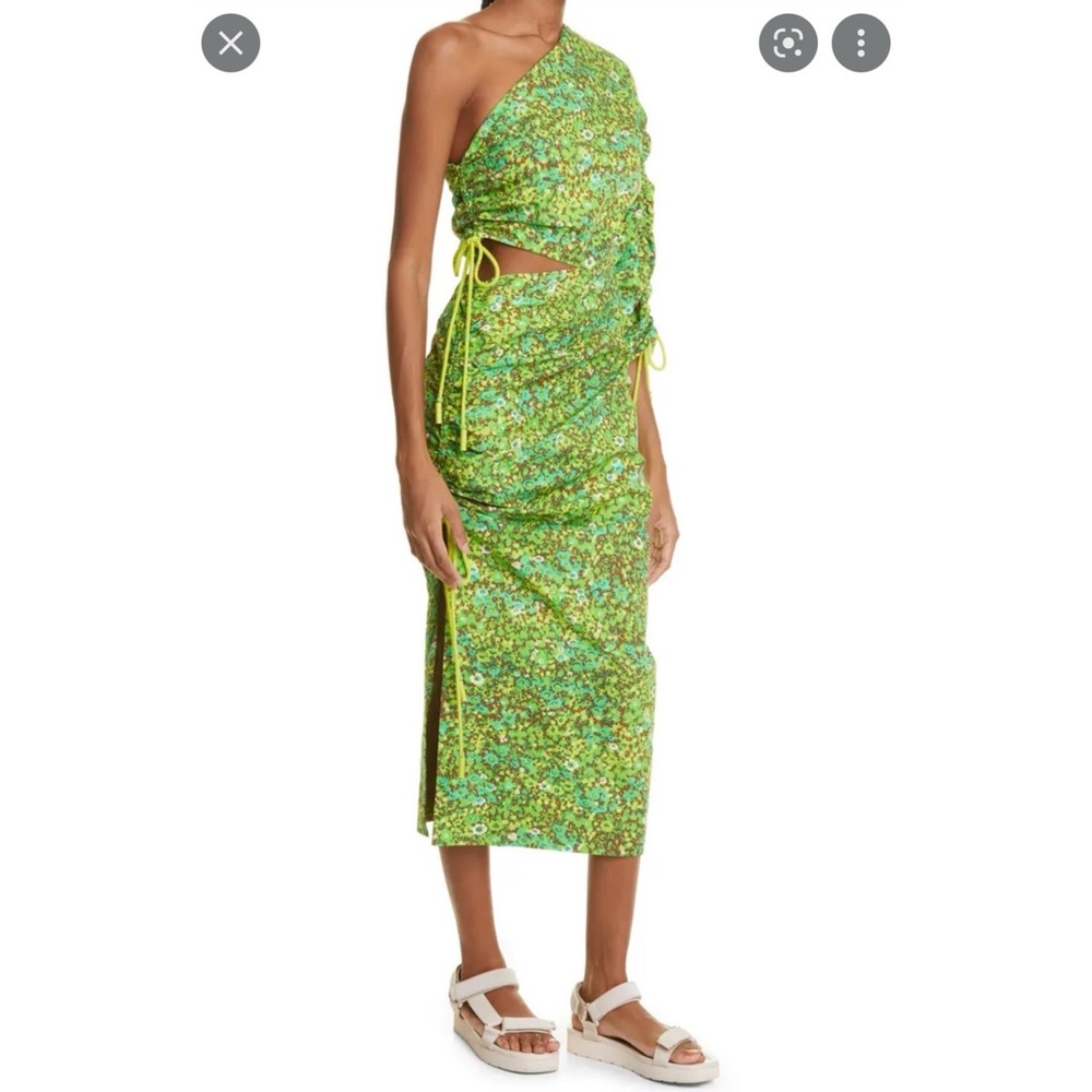 ALEMAIS Phyllis Ruched One Shoulder Green Floral Organic Cotton Midi Dress